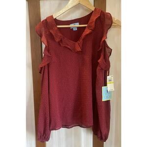 NWT CECE Blouse Women’s Medium Shirt Cold Shoulder Burgundy $80